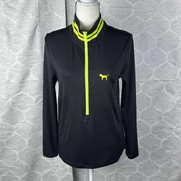 PINK Victoria Secret Ultimate Half Zip Pullover Black Neon Green Athletic Size M - Picture 1 of 7